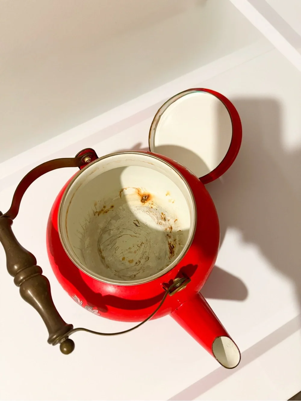 Vintage Japanese Enamel Tea Kettle Floral Print Red with Brass Handle
